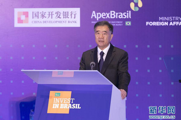Chinese Vice Premier Wang Yang addresses a seminar in Beijing on investment and business opportunities in Brazil on September 2, 2017. [Photo: Xinhua/Ding Haitao]