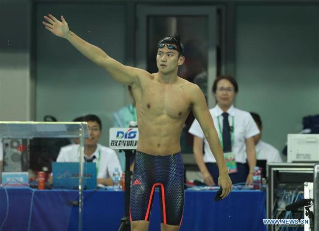 Ning Zetao of Henan reacts after the men's 100m freestyle swimming final at 13th Chinese National Games in north China's Tianjin Municipality, Sept. 4, 2017. Ning Zetao claimed the title with 47.92 seconds. [Photo: Xinhua/Fei Maohua]