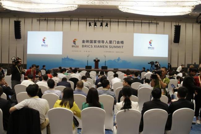 A press conference is held in Xiamen, southeast China's Fujian Province, at 12:00 p.m. Beijing Time. on Tuesday, September 5, 2017. Chinese President Xi Jinping summarizes the outcomes of the BRICS Xiamen Summit. [Photo: China Plus]