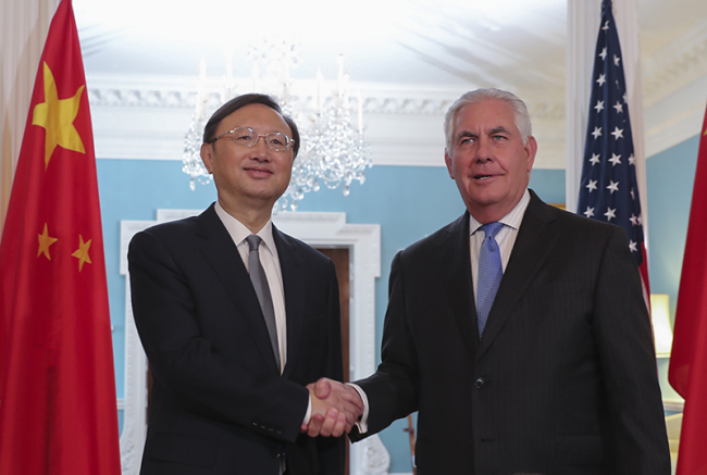 Chinese State Councilor Yang Jiechi (L) meets with U.S. State of Secretary Rex Tillerson in Washington D.C., U.S., on Tuesday, September 12, 2017. [Photo: Xinhua]