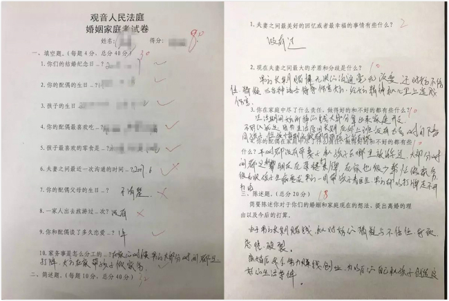 A pre-divorce exam paper answered by a wife who filed for a divorce in Yibin, Sichuan Province, September 14, 2017. She got 80 percent in the exam as scored by her husband. [Photo: sina.com.cn]