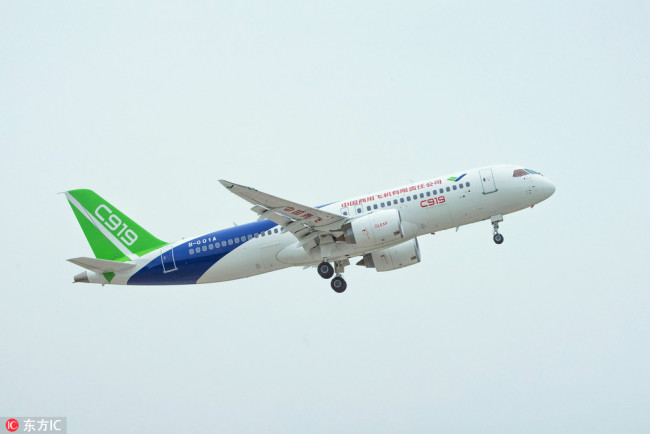 China's first domestically-developed large passenger jet C919 of COMAC (Commercial Aircraft Corporation of China) takes off during its second test flight at the Shanghai Pudong International Airport in Shanghai, China, September 28, 2017.[Photo: IC]
