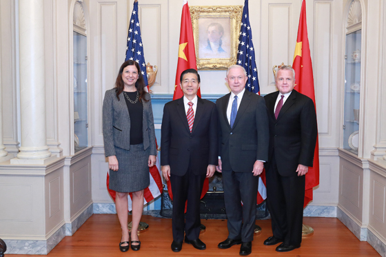 Chinese State Councilor Guo Shengkun (2nd, left) attends the first China-US law enforcement, cybersecurity dialogue in Washington DC on October 4, 2017. [Photo: Xinhua]