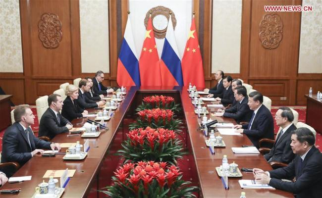 Chinese President Xi Jinping meets with Russian Prime Minister Dmitry Medvedev in Beijing, capital of China, Nov. 1, 2017. [Photo: Xinhua/Pang Xinglei]