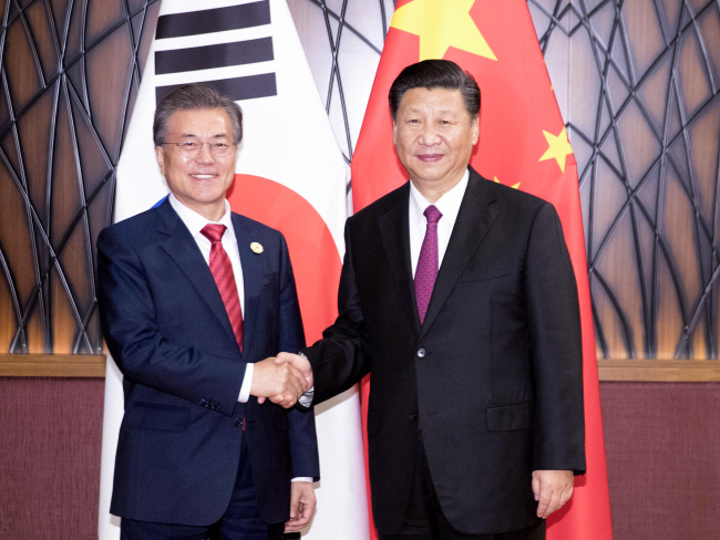 Chinese President Xi Jinping meets with South Korean President Moon Jae-in in Da Nang, Vietnam, on Saturday. [Photo: Xinhua/Ding Lin]