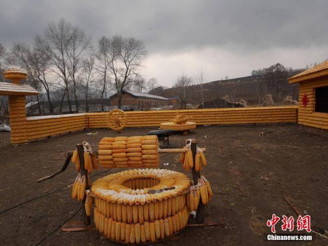 农民用玉米盖出“黄金屋” Chinese farmer builds golden yard with corn
