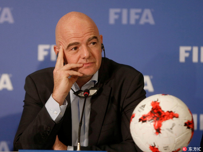 FIFA President Gianni Infantino is seen during a media conference with Turkish Football Federation President Yildirim Demiroren (not seen) after the FIFA Football summit at Shangri-La Bosphorus Hotel in Istanbul, Turkey on November 23, 2017. [Photo: IC]