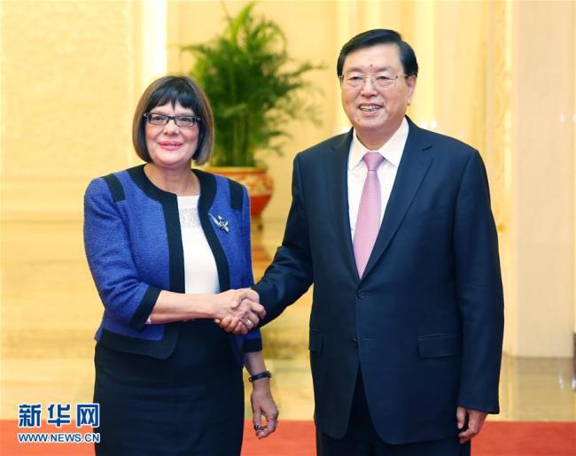 China's top legislator Zhang Dejiang meets with visiting Serbian National Assembly Speaker Maja Gojkovic in Beijing, on Nov. 27, 2017. [Photo: Xinhua]