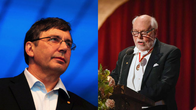 Nobel laureates Andre K. Geim (left) and James Fraser Stoddart. [File Photo: IC/VCG]