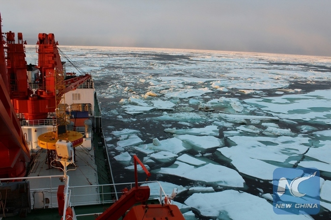 China's icebreaker Xuelong, or "Snow Dragon", runs forward through floating ice after crossing the Arctic Circle, July 20, 2012.[Photo: Xinhua]