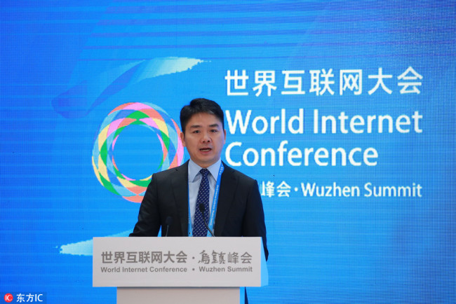 Liu Qiangdong, founder and CEO of JD.com, delivers a speech at the World Internet Conference in Wuzhen, Zhejiang Province, December 4, 2017. [Photo: IC]