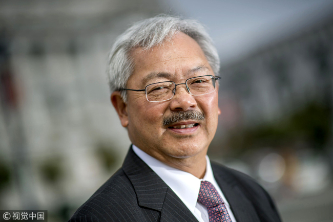 Ed Lee, the first Asian-American mayor of San Francisco, stands for a photograph outside of City Hall in San Francisco, California, Aug. 17, 2016. [File Photo: VCG]