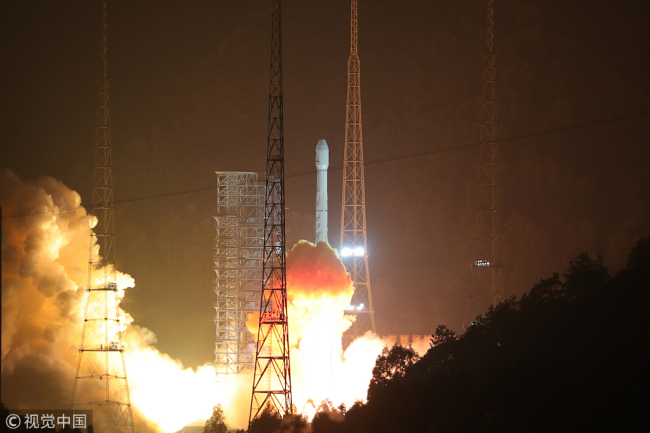 Alcomsat-1, Algeria's first communication satellite, is launched by a Chinese Long March-3B carrier rocket from the Xichang Satellite Launch Center in Sichuan on Dec. 11, 2017. [Photo: VCG]