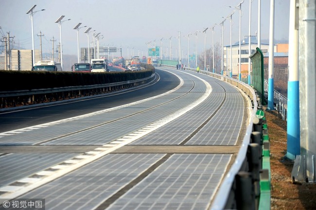 World’s first photovoltaic highway in Jinan, capital city of China’s Shandong Province, is officially put into use on December 28, 2017. [Photo: VCG]