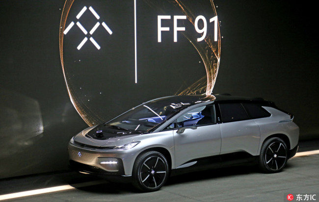 Faraday Future's electric vehicle FF91 is revealed at the CES 2017 in Las Vegas on January 4, 2017. [File Photo: dfic]