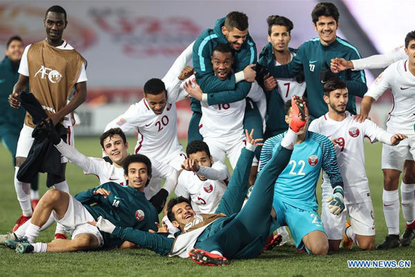 Players of Qatar celebrate after the group A match between China and Qatar at the China 2018 AFC U23 Championship in Changzhou, east China's Jiangsu Province, January 15, 2018. [Photo: Xinhua/Yang Lei]