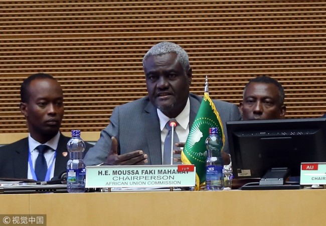 Moussa Faki Mahamat, Chairperson of the African Union Commission speaks during closing session of the 30th African Union (AU) Heads of State and Government Summit in Addis Ababa, Ethiopia on January 29, 2018. [Photo: VCG]