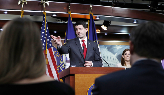 House Speaker Paul Ryan of Wis., center, calls on a reporter during a news conference, Feb. 8, 2018, on Capitol Hill in Washington. [Photo: AP/Jacquelyn Martin]