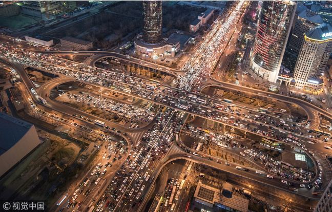 An aerial view of the traffic jams in Beijing at night. [File Photo: VCG]