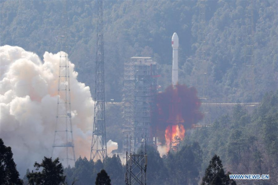 China sends two satellites into orbit on a single carrier rocket for its domestic BeiDou Navigation Satellite System (BDS) in Xichang, southwest China's Sichuan Province, Feb. 12, 2018. [Photo: Xinhua/Liang Keyan]