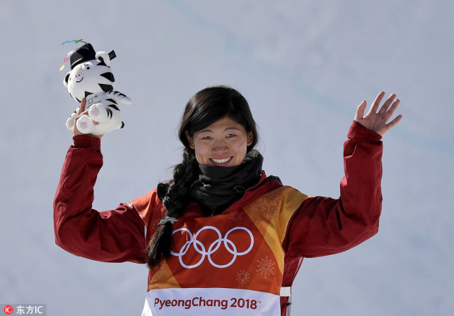 Liu Jiayu, of China, celebrates winning silver after the women's halfpipe finals at Phoenix Snow Park at the 2018 Winter Olympics in Pyeongchang, South Korea, Tuesday, Feb. 13, 2018. [Photo: IC]