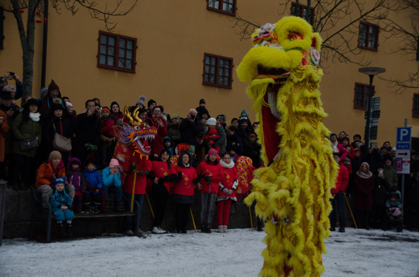 Lion dance and dragon dance are performed in Stockholm in front of the East Asian Museum on Feb. 10 to celebrate the Chinese Spring Festival. [Photo: China Plus/ Chen Xuefei] 