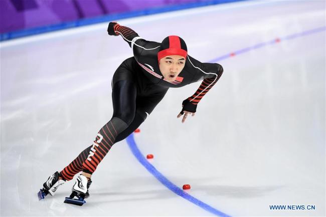 China's Gao Tingyu competes during men's 500m event of speed skating at 2018 PyeongChang Winter Olympic Games at Gangneung Oval, Gangneung, South Korea, Feb. 19, 2018. Gao Tingyu claimed third place in a time of 34.65 seconds. [Photo: Xinhua/Ju Huanzong]