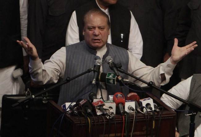 File photo of former Pakistani Prime Minister Nawaz Sharif addresses his party supporters in Lahore, Pakistan on Oct. 4, 2017. [Photo: AP] 