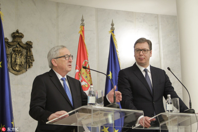 President of the European Commision Jean-Claude Juncker (L) talks during the press conference with Serbian President Aleksandar Vucic (R) in Belgrade, Serbia, 26 February 2018. [Photo: IC]