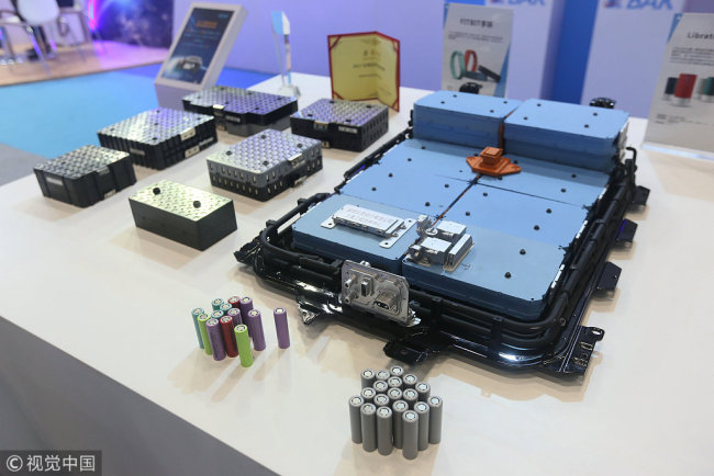 Lithium batteries for new energy vehicles are on display at the 2017 international new energy vehicle exhibition on October 21, 2017. [Photo: VCG]