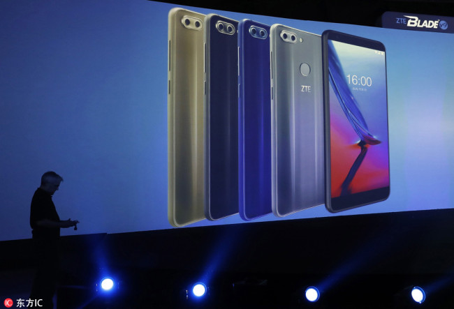 ZTE company presents the new smart phone of the company ZTE Blade V9 during Mobile World Congress (MWC) in Barcelona, Spain, 25 February 2018. [Photo: EPA/Andreu Dalmau]