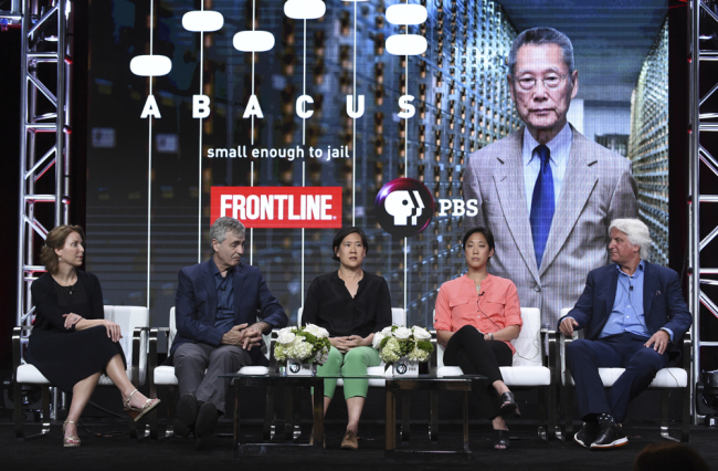Executive producer Raney Aronson-Rath, from left, director Steve James, Jill Sung, CEO of Abacus Federal Savings, Chanterelle Sung and producer Mark Mitten participate in Frontline's "Abacus: Small Enough to Jail" panel during the PBS Television Critics Association Summer Press Tour at the Beverly Hilton on Monday, July 31, 2017, in Beverly Hills, Calif. [File photo: Invision/AP/Richard Shotwell]