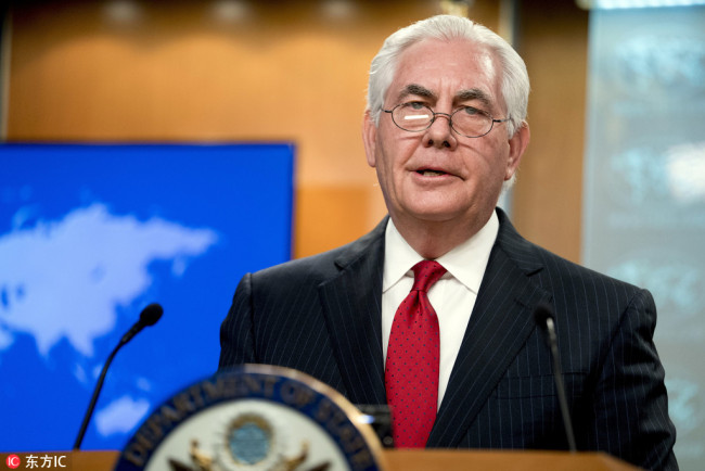 Secretary of State Rex Tillerson speaks at a news conference at the State Department in Washington, Tuesday, March 13, 2018. President Donald Trump fired Tillerson and said he would nominate CIA Director Mike Pompeo to replace him, in a major staff reshuffle just as Trump dives into high-stakes talks with North Korea. [Photo: IC]
