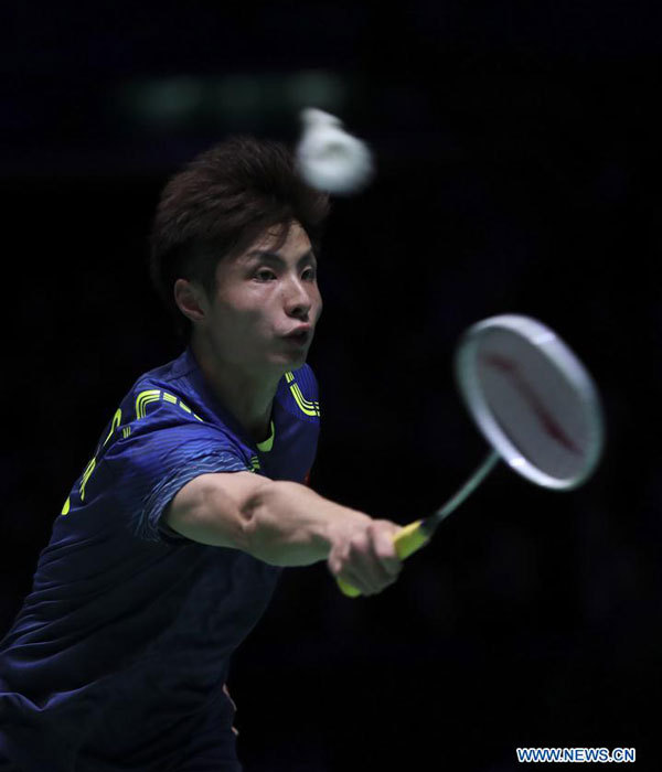 Shi Yuqi of China returns the shot during the men's singles final with his compatriot Lin Dan at All England Open Badminton Championships 2018 in Birmingham, Britain on March 18, 2018. [Photo: Xinhua/Han Yan]