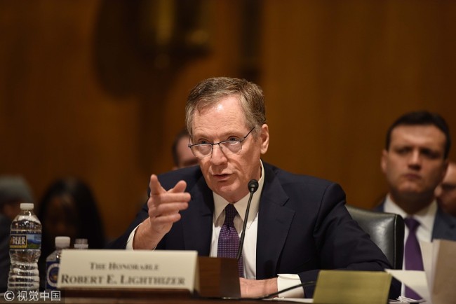 U.S. Trade Representative Robert Lighthizer states the trade policy before U.S. President Donald Trump signed a presidential memorandum imposing tariffs and investment restrictions on China on March 22, 2018. [Photo: VCG]