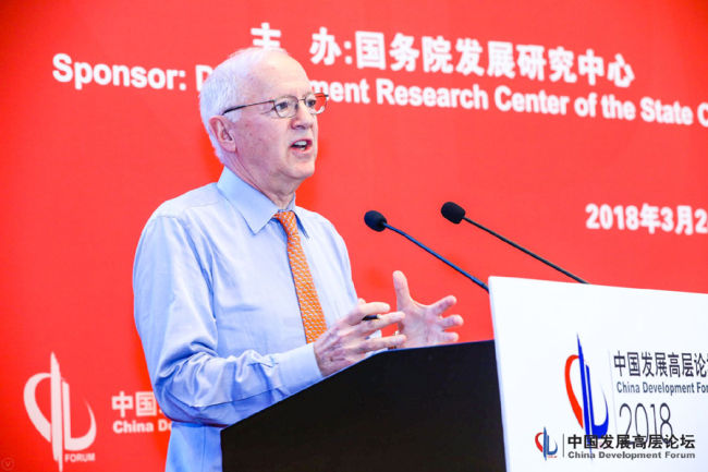 Stephen Orlins, President of US National Committee on US-China Relations speaks at the China Development Forum on Mar 24, 2018. [Photo: CDF]