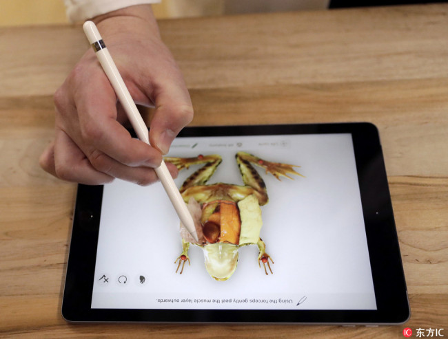 A demonstration of the Froggipedia App using the Apple Pencil on the new iPad 9.7 is performed at an Apple educational event at Lane Technical College Prep High School Tuesday, March 27, 2018, in Chicago. [Photo: IC]