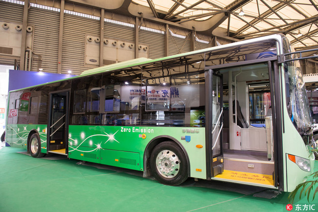 A Yutong electric bus on display at an international auto show in Shanghai on Friday, June 10, 2016. [File photo: IC]