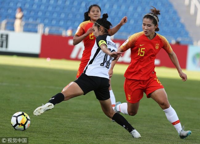 Thailand's midfielder and captain Sunisa Srangthaisong (L) is marked by China's midfielder Song Duan (R) during their AFC Women's Asian Cup football match on April 6, 2018 in the Jordanian capital Amman. [Photo: VCG]