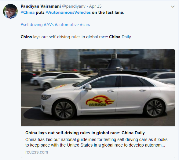 The screenshot shows a twitter user shares the report about China's development in self-driving cars. [Screenshot: China Plus]