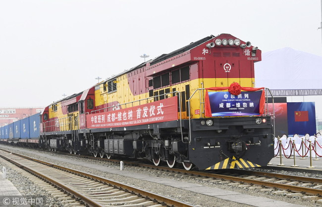 A new China-Europe freight train service linking southwest China's Chengdu City with Vienna, capital of Austria, is launched on April 12, 2018. [Photo: VCG]