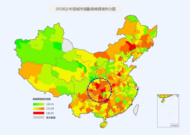 This map shows differences in the level of traffic congestion in Chinese cities. Red represents severe congestion. Orange and yellow are for moderate congestion. And green is for cities that generally have a smooth flow of traffic. [Screenshot: China Plus]