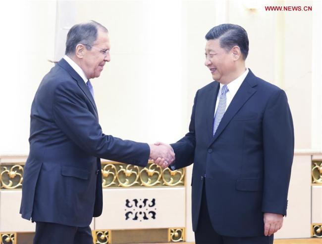 Chinese President Xi Jinping (R) meets with Russian Foreign Minister Sergei Lavrov at the Great Hall of the People in Beijing, capital of China, April 23, 2018. [Photo: Xinhua]