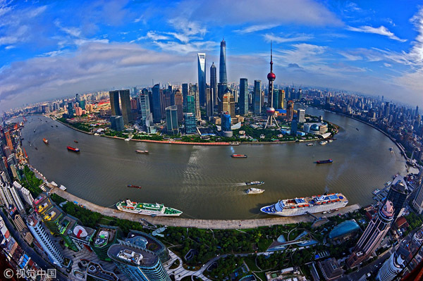 An aerial photo of Shanghai's Bund area. [Photo/VCG]