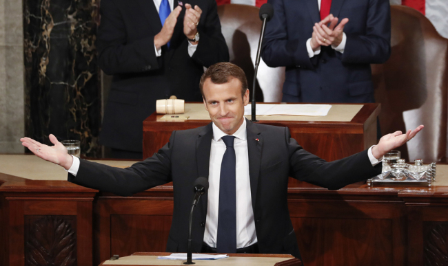 French President Emmanuel Macron gestures as he is introduced before speaking to a joint meeting of Congress on Capitol Hill in Washington, Wednesday, April 25, 2018. [Photo: AP/Pablo Martinez Monsivais]