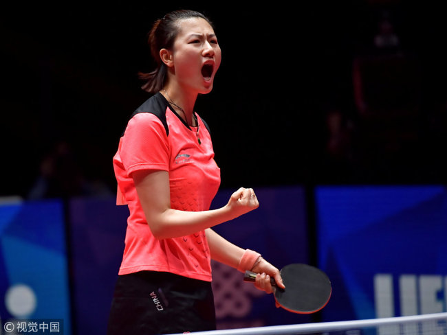 Chinese table tennis player Ding Ning plays at the Women's finals of World Team Table Tennis Championships in Halmstad Arena, Halmstad, Sweden , May 5, 2018. [Photo: VCG]
