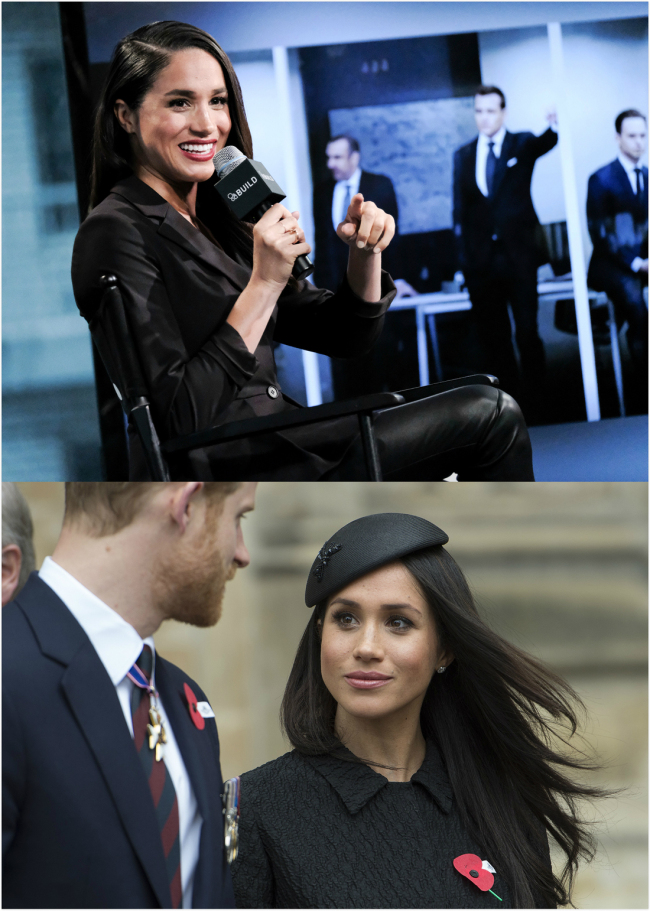 A photo (top) shows actress Meghan Markle discussing her role in the television show "Suits" at the AOL BUILD Speaker Series at AOL Studios in New York on March 17, 2016. And a photo (bottom) shows Britain's Prince Harry and Meghan Markle attending a Thanksgiving Service and Commemoration on ANZAC Day at Westminster Abbey in London on April 25, 2018. [Photo: China Plus]