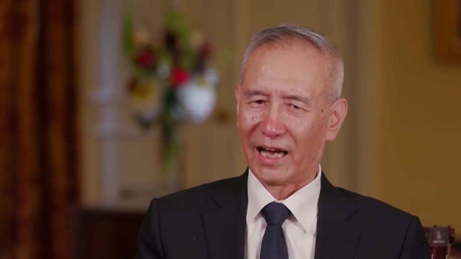 A screenshot from a CGTN video shows Liu He in an interview. [Screenshot: China Plus]