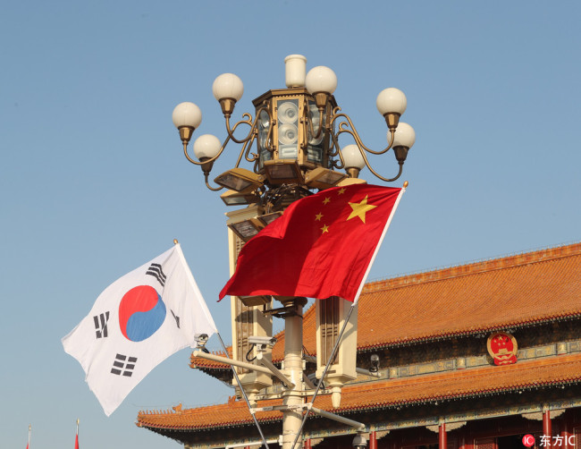 Chinese and South Korean national flags flutter on a lamppost in front of the Tian'anmen Rostrum. [Photo: IC]