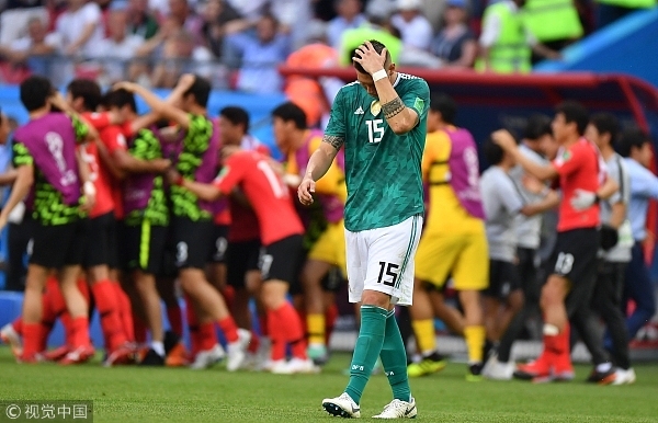 Germany's Niklas Suele reacts during the World Cup Group F soccer match between South Korea and Germany at the Kazan Arena, in Kazan, Russia, June 27, 2018. [Photo: VCG]